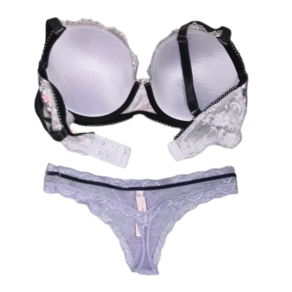 Victorias Secret Angels Lined Demi Bra Purple Floral Panty lavender 34DD S NWT - Picture 2 of 6